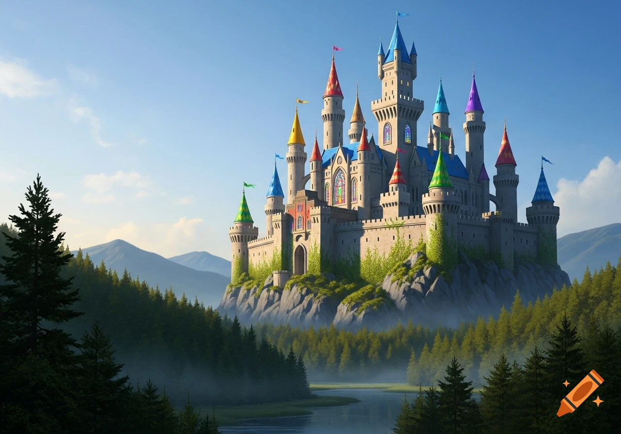 Vibrant fantasy castle with colorful spires on a rocky hill overlooking a river and forest, under a clear blue sky.