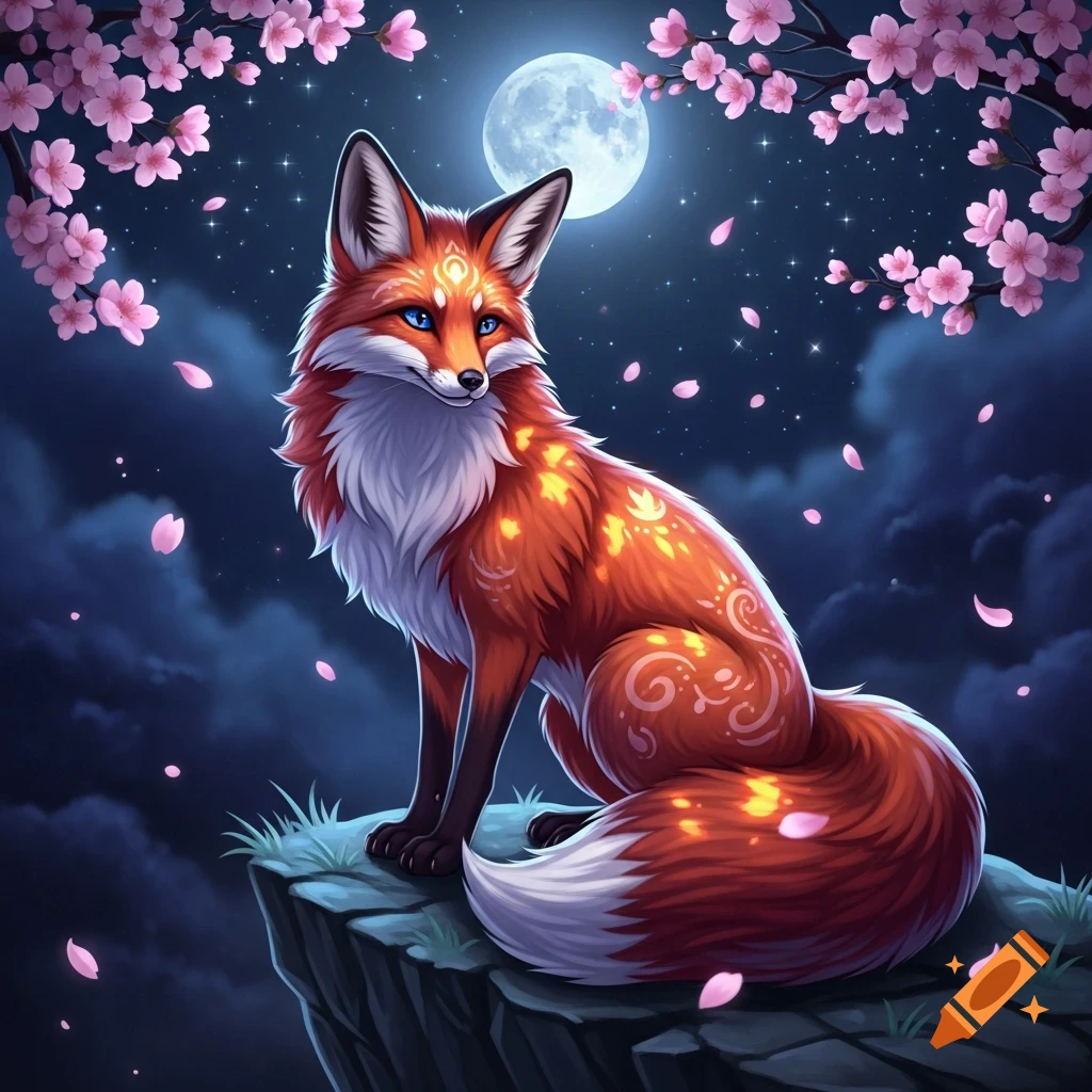 An anime-style red fox with blue eyes sits on a cliff under a full moon, with pink cherry blossoms and petals falling.