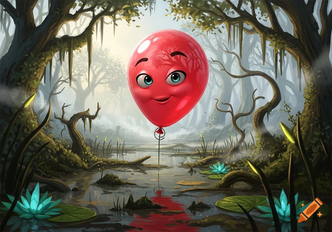 A red cartoon balloon with a smiling face floats in a misty swamp with moss-covered trees and blue water lilies.