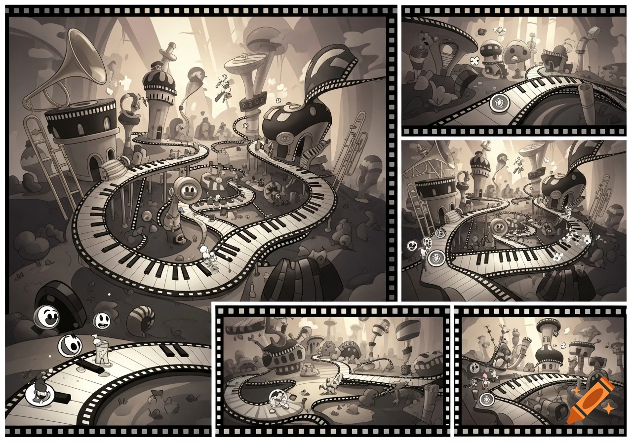 Whimsical vintage black and white cartoon game level with winding piano key paths, musical instruments, and cute characters.