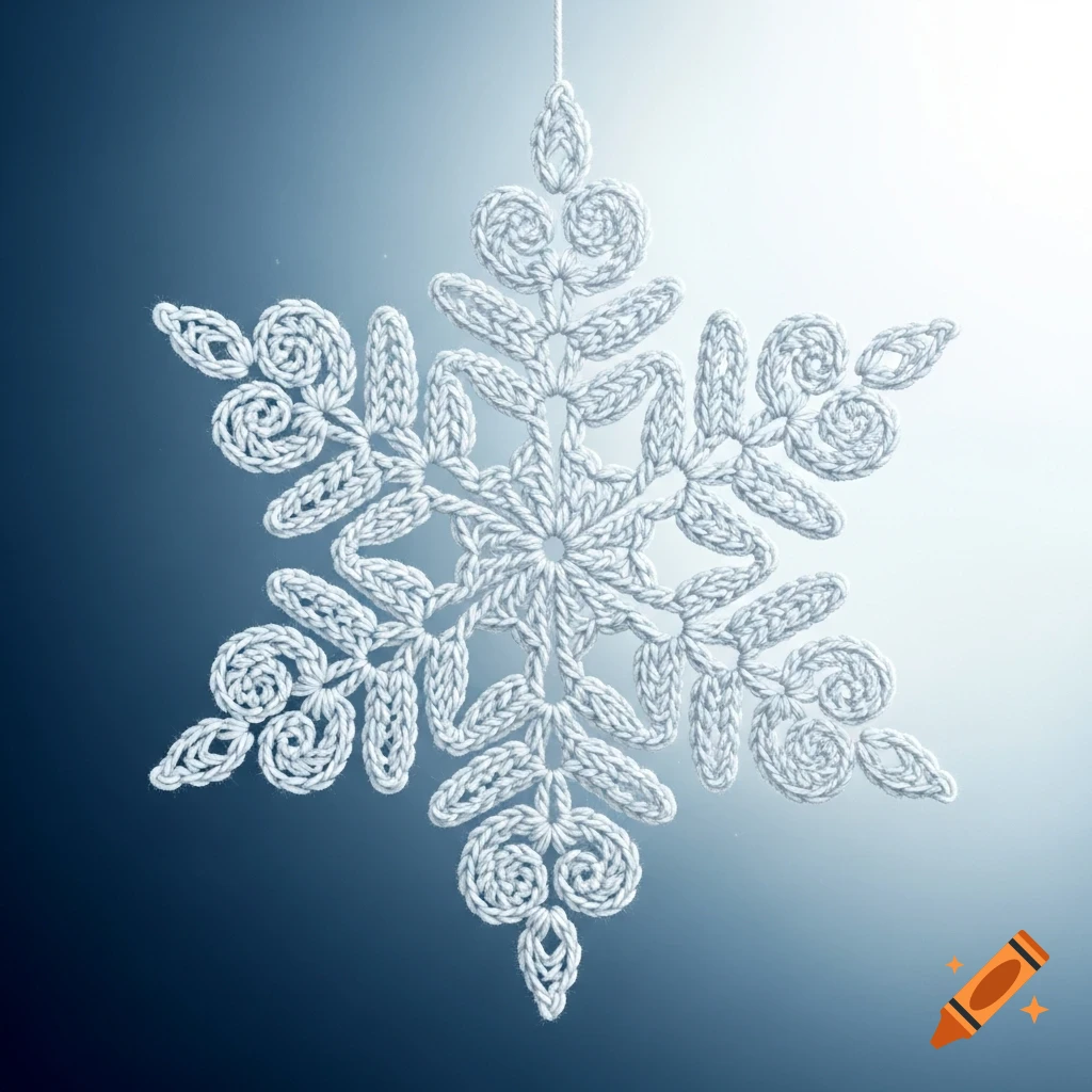 A detailed white crochet snowflake hangs against a gradient blue background, illuminated by a bright light from above.