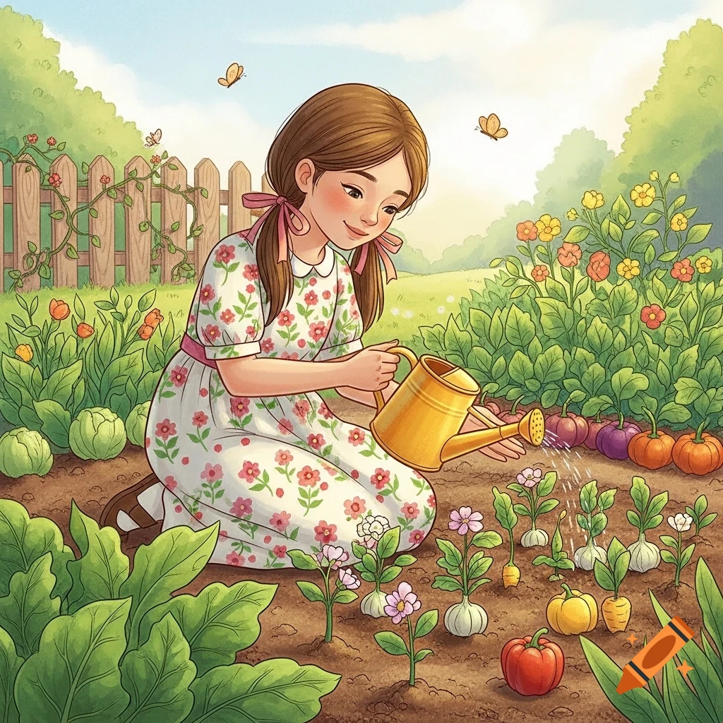 A charming illustration of a girl in a floral dress watering small plants in a sunny garden filled with vegetables and flowers.