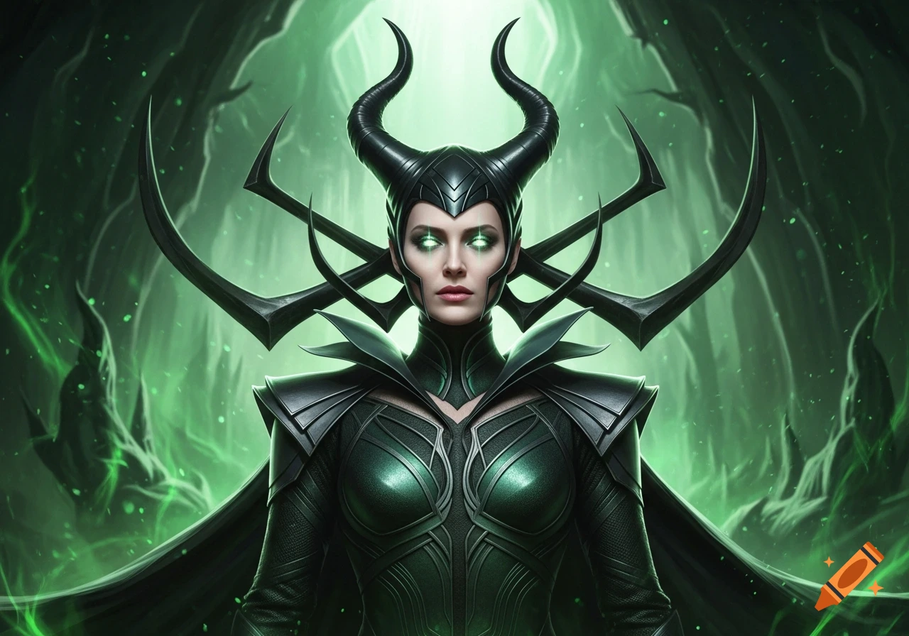 A formidable female villain character with a horned black helmet and intricate dark green armor, featuring glowing green eyes against a mystical green background.