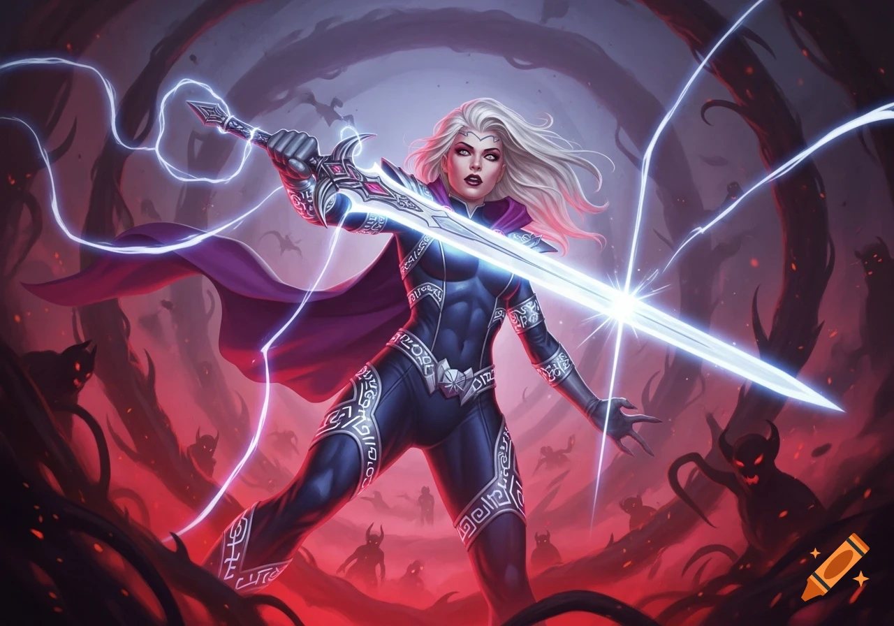 A blonde female warrior, Magik, in a dark suit and purple cape, wields a glowing sword amidst red-lit demons, in a fantasy art style.