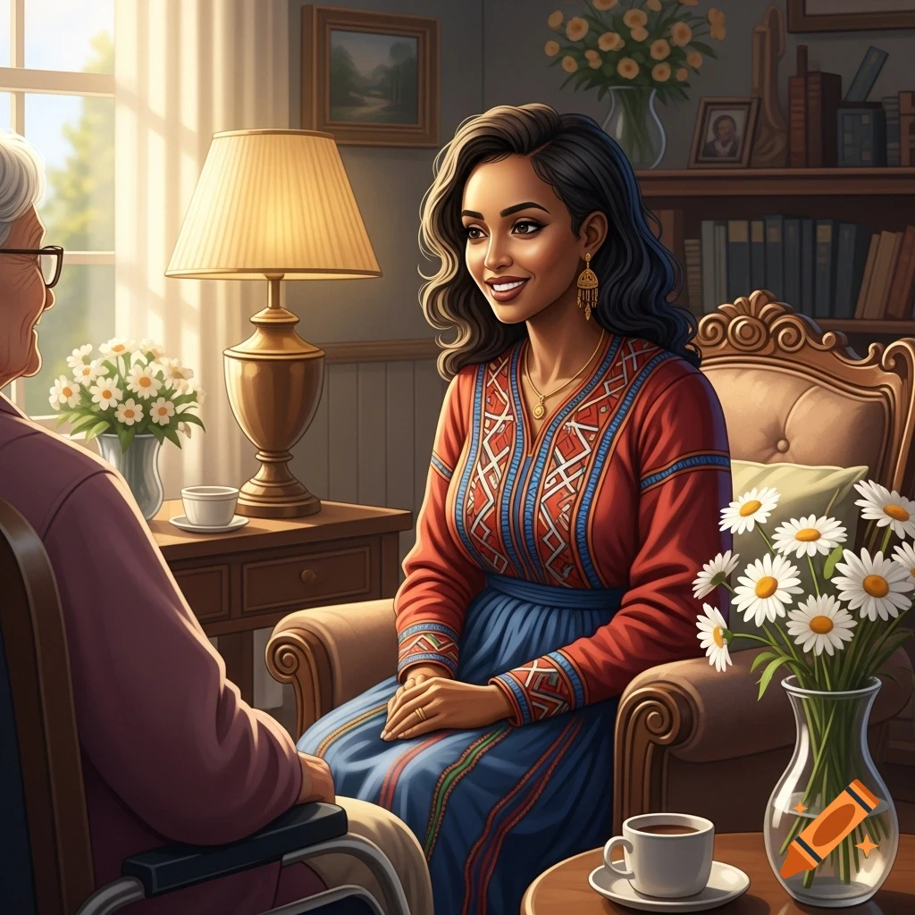Animated young Eritrean woman conversing with an elderly person in a wheelchair in a sunlit room.