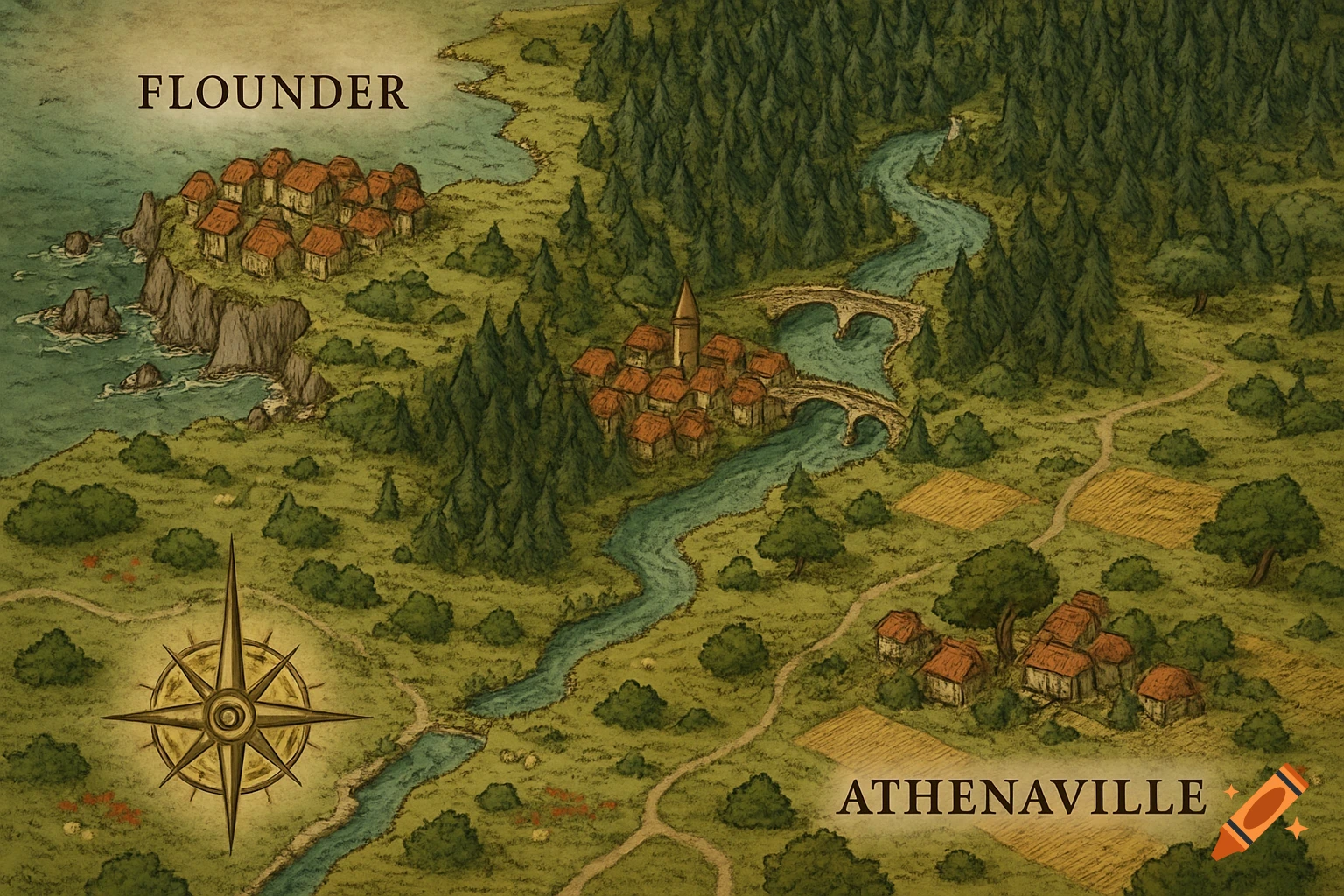 A hand-drawn fantasy RPG map depicting two towns, Flounder and Athenaville, with a river, forests, and countryside.
