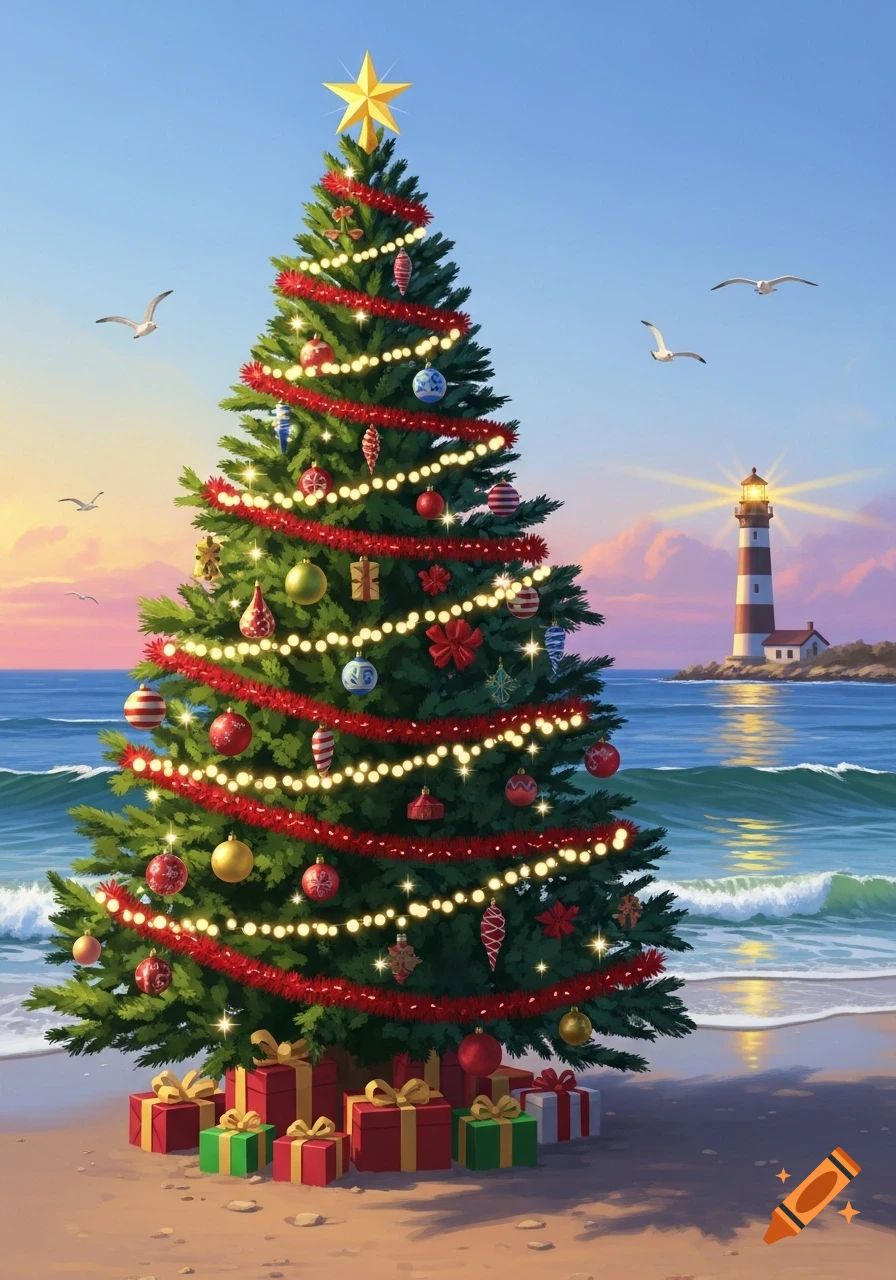 A festive Christmas tree adorned with lights and ornaments stands on a sandy beach with presents, a lighthouse and ocean in the background at sunset.