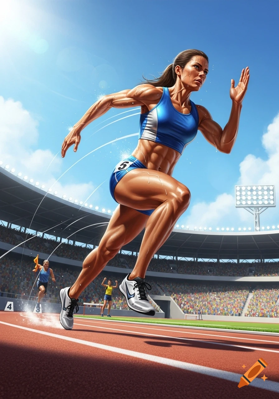 Muscular female runner in a blue sports uniform sprints on a track in a large stadium under a bright, sunny sky.