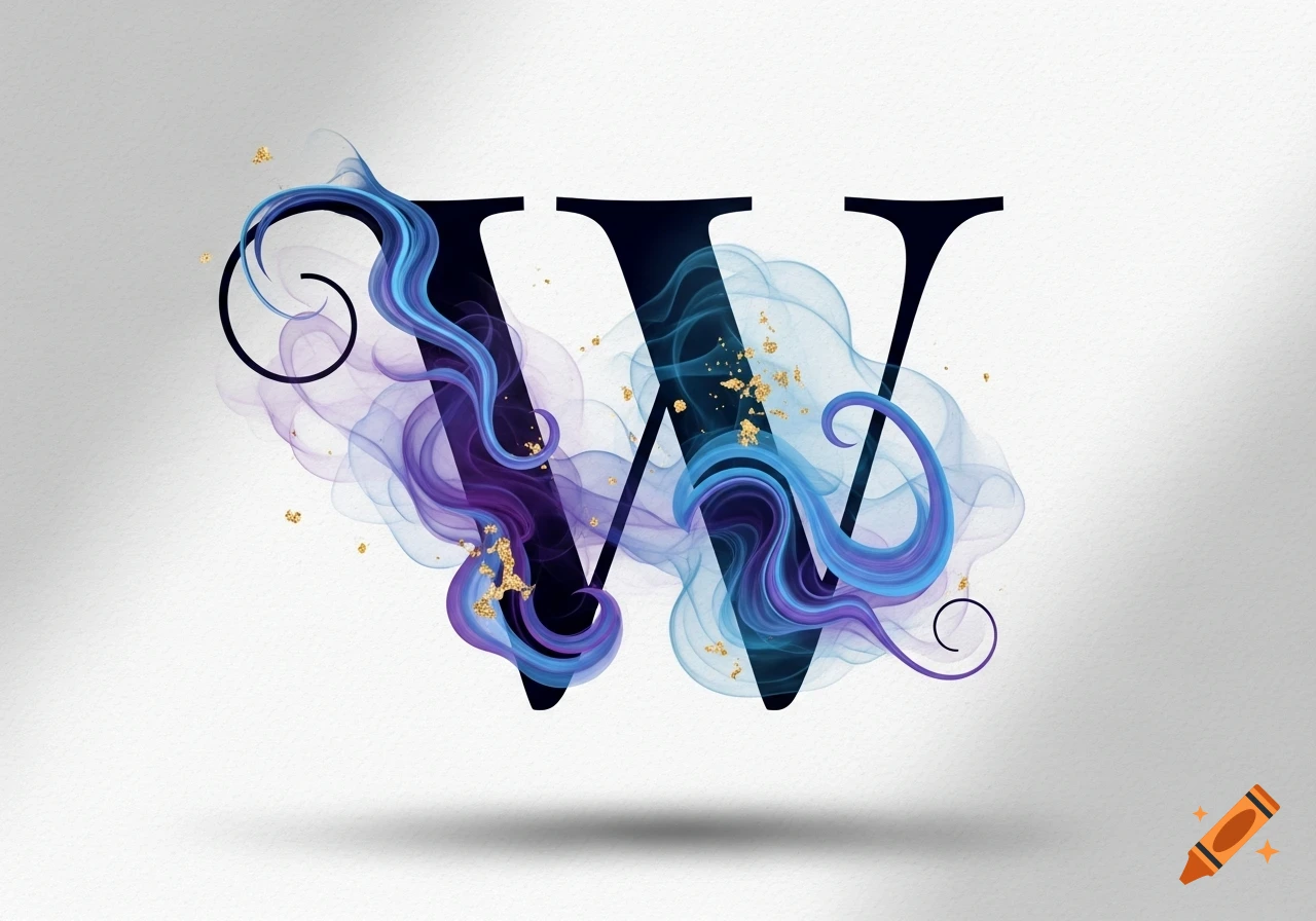 Stylized letter W with flowing blue and purple smoke, golden glitter accents, on a light gray background.