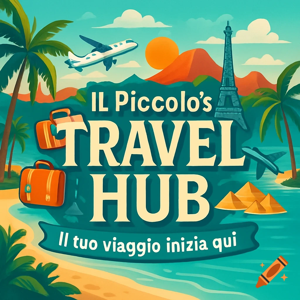 Vibrant travel illustration with 'Il Piccolo's Travel Hub' text, planes, suitcases, and landmarks like Eiffel Tower and pyramids.