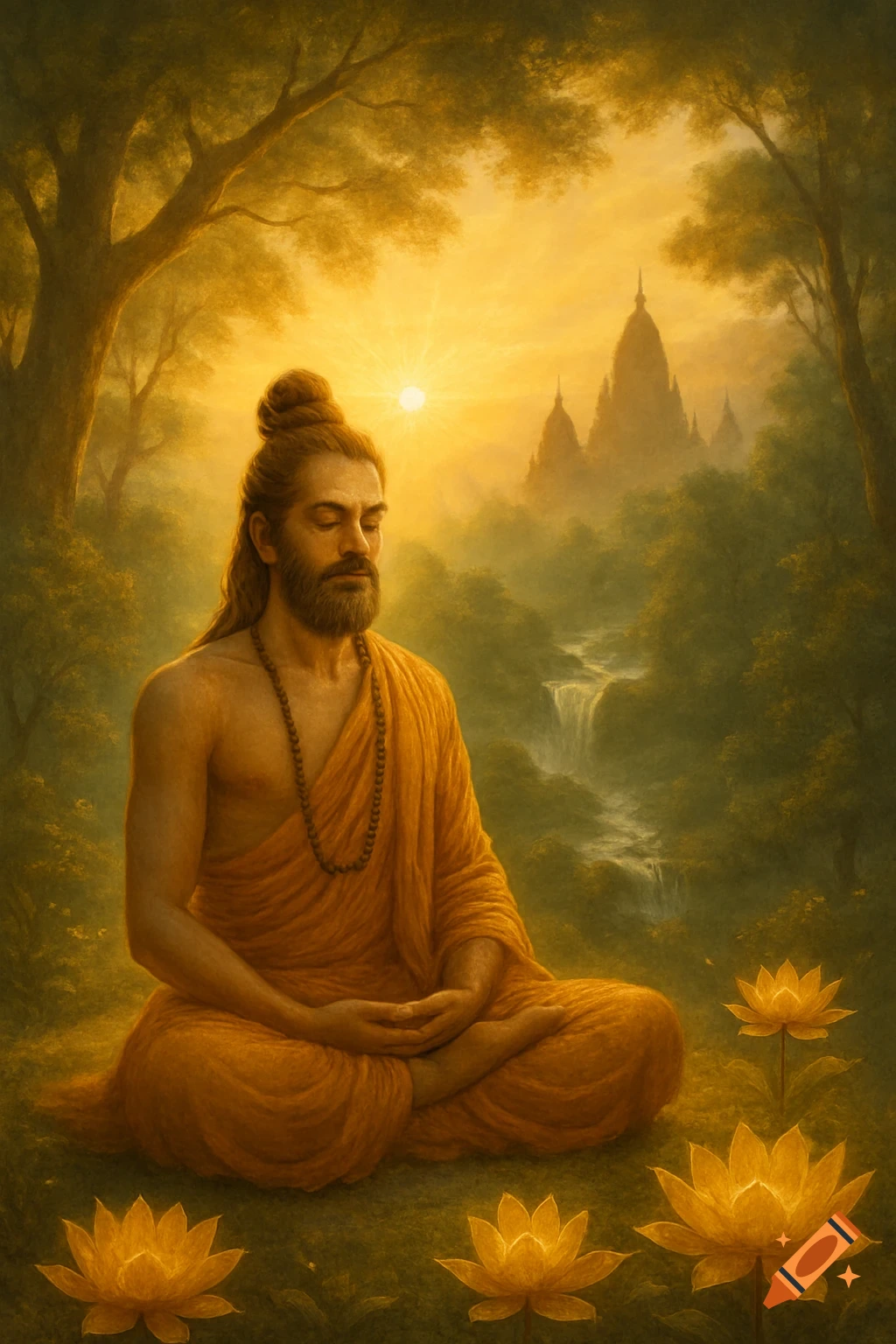 A bearded yogi meditates in orange robes in a lush golden forest with lotus flowers, a waterfall, and temples under a sunset.