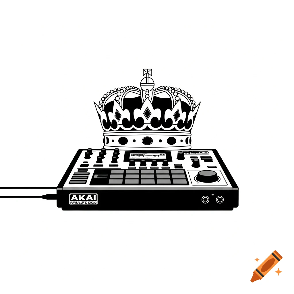 A flat monochrome 2D illustration of an Akai MPC music production machine with a crown on top.