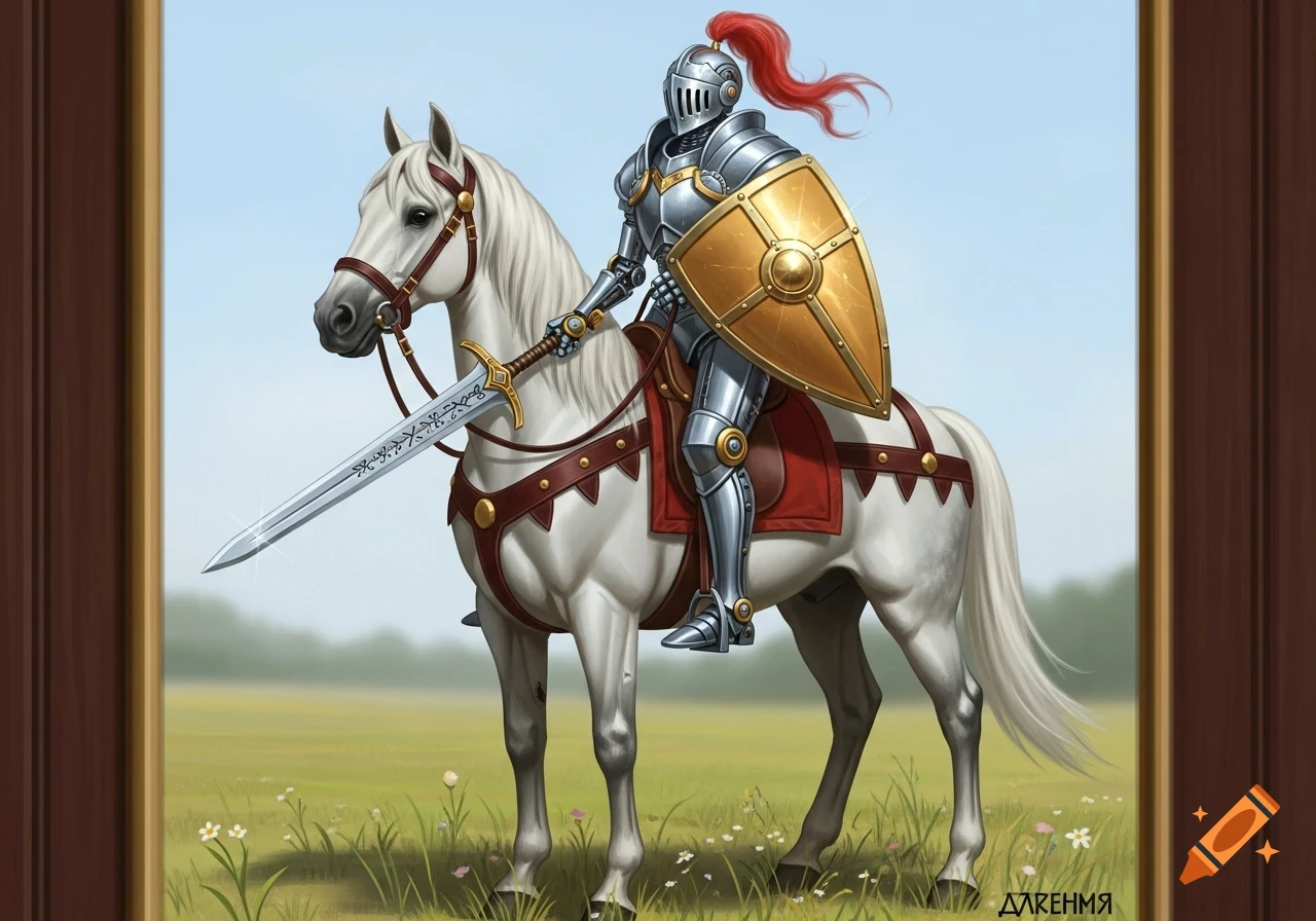 A knight in shining metal armor with a red plume and gold shield rides ...