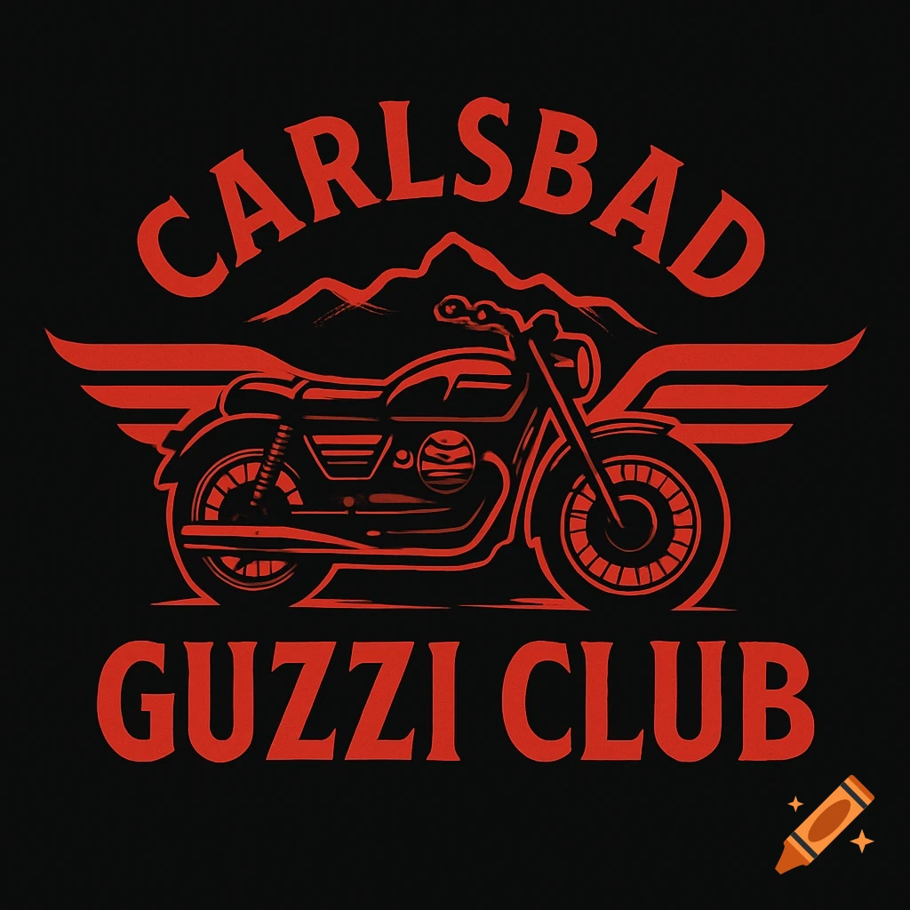 Red and black logo with a motorcycle, wings, and mountains. Text reads 'Carlsbad Guzzi Club'.