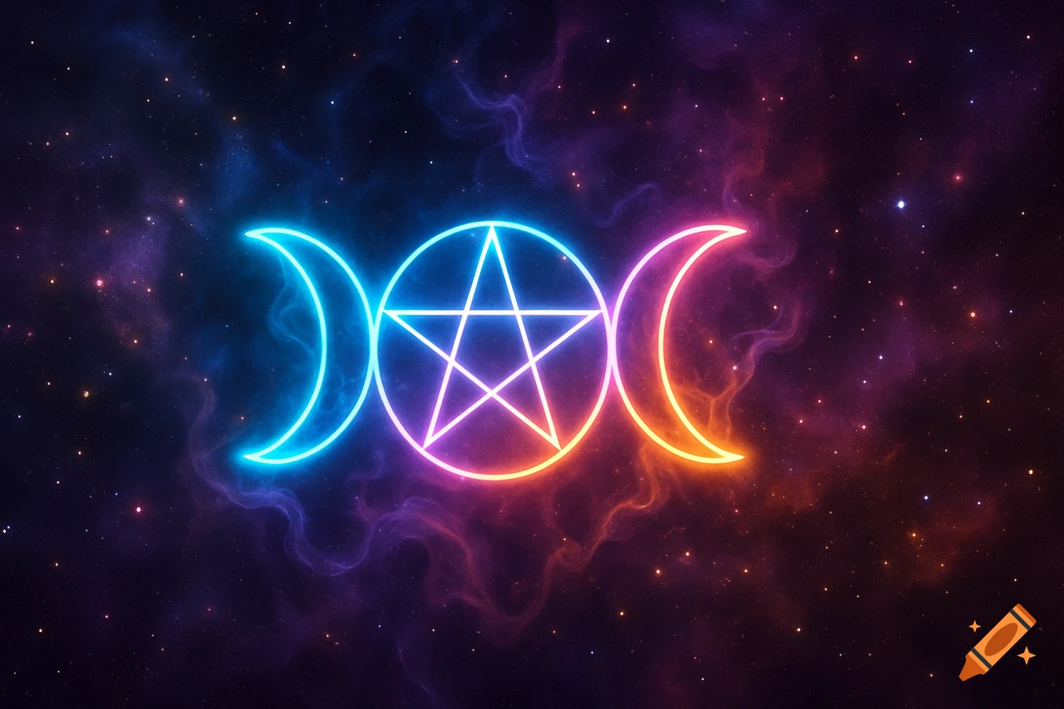 A neon glowing Triple Moon symbol with a central pentagram in blue, pink, and orange against a dark, starry space background with nebulae.