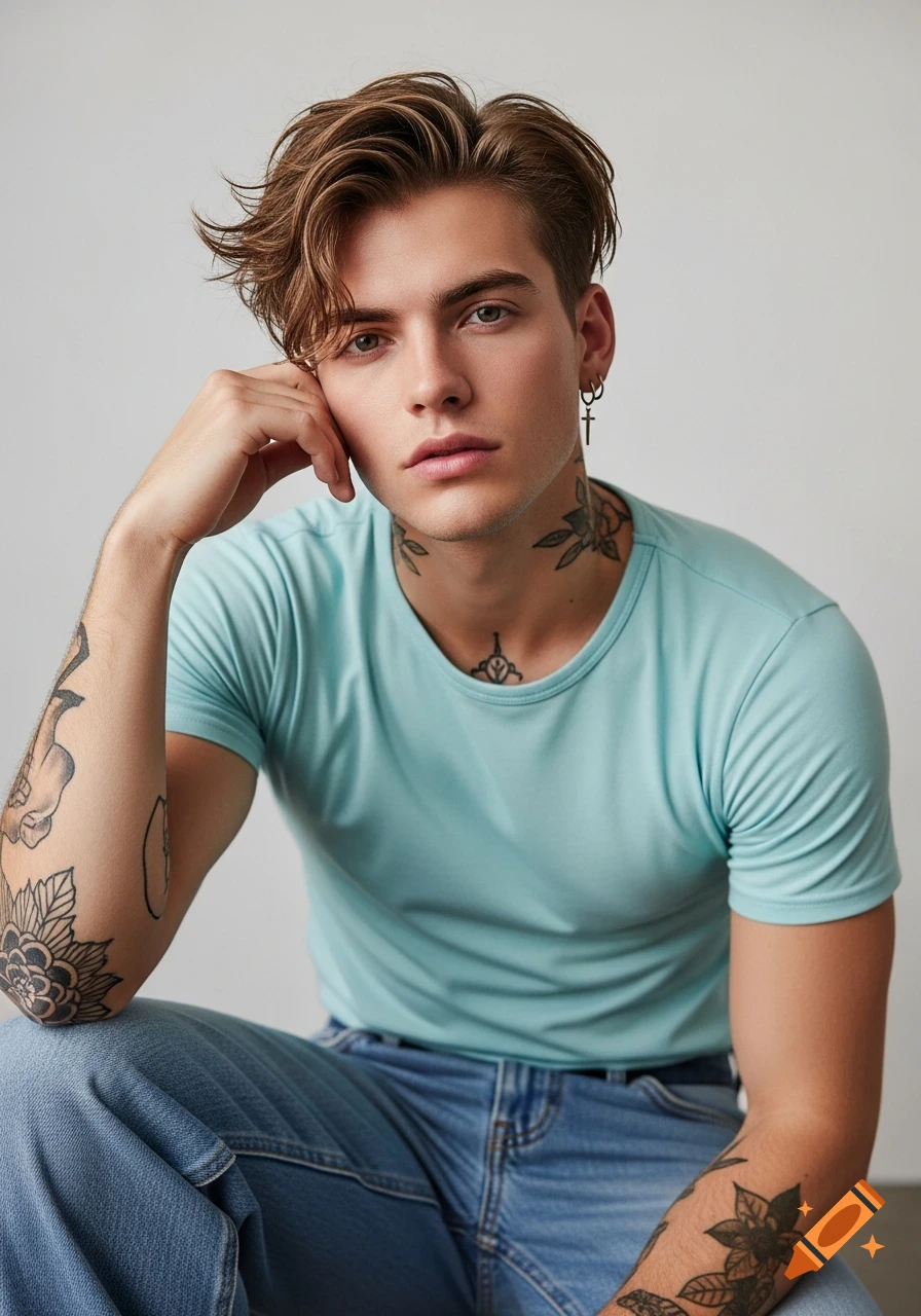 Photorealistic portrait of a young man with light brown hair, wearing a light-cyan t-shirt, baggy jeans, and tattoos on his neck and arms.