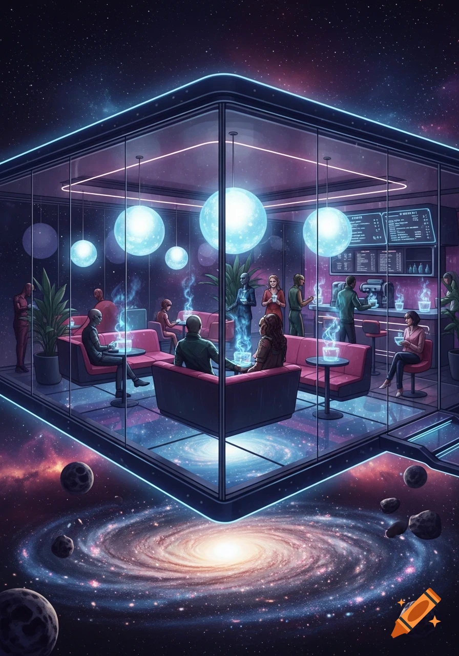 A futuristic coffee shop in space, with glowing blue elements, people enjoying drinks, and a galaxy visible below.