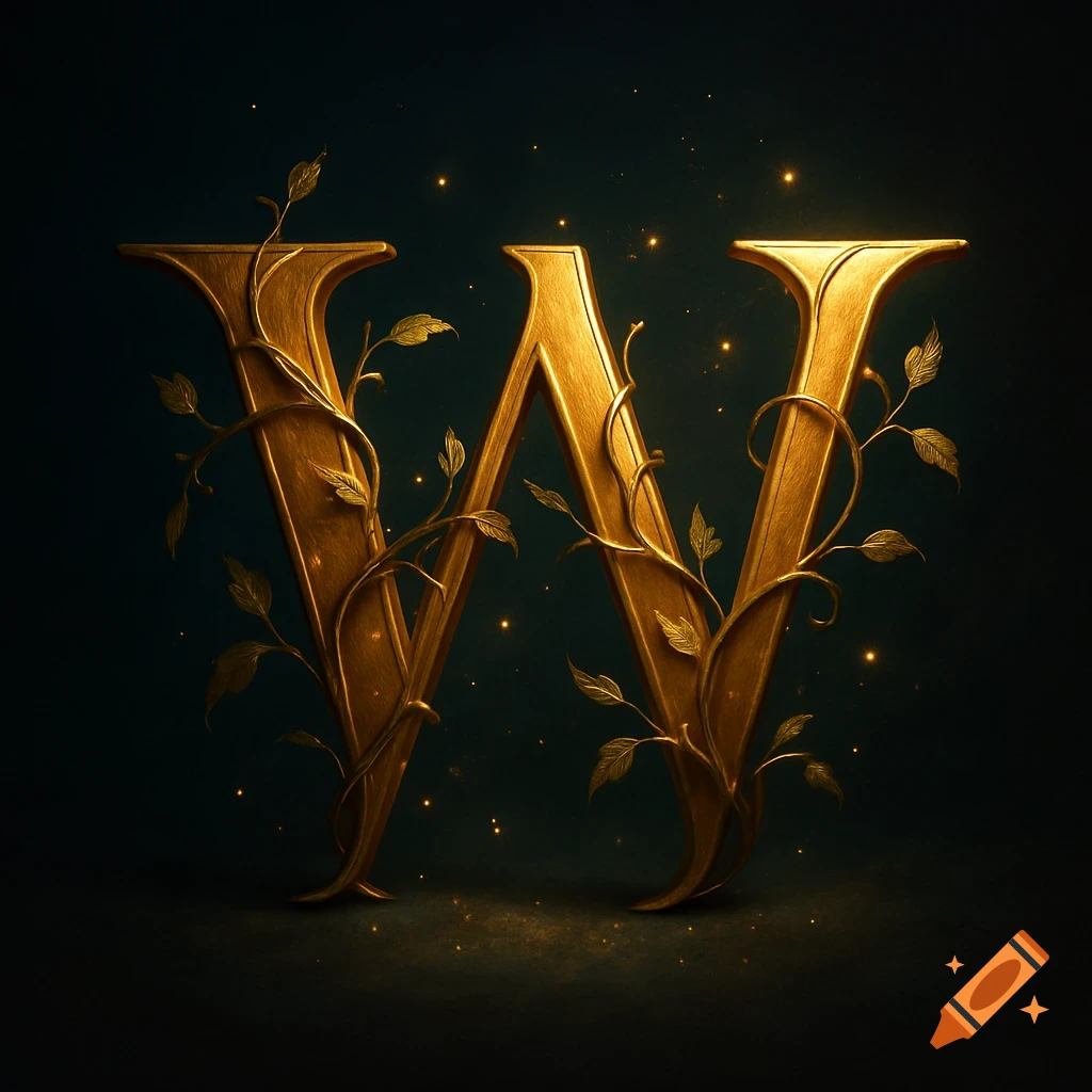 A golden letter W, wrapped in green vines with leaves, sparkles against a dark, mystical background.