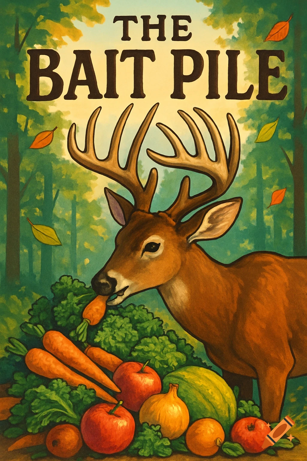 Animated illustration of a large antlered deer eating carrots from a pile of vegetables in a forest, with 'THE BAIT PILE' written above.