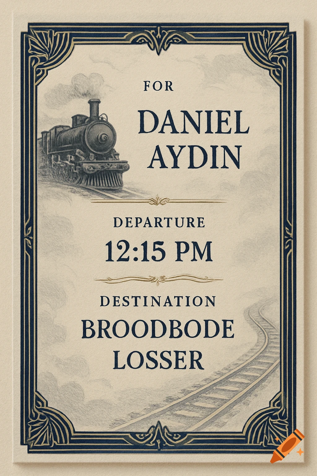 A vintage-style train invitation with an ornate border, featuring a steam train and text 'FOR DANIEL AYDIN DEPARTURE 12:15 PM DESTINATION BROODBODE LOSSER'.