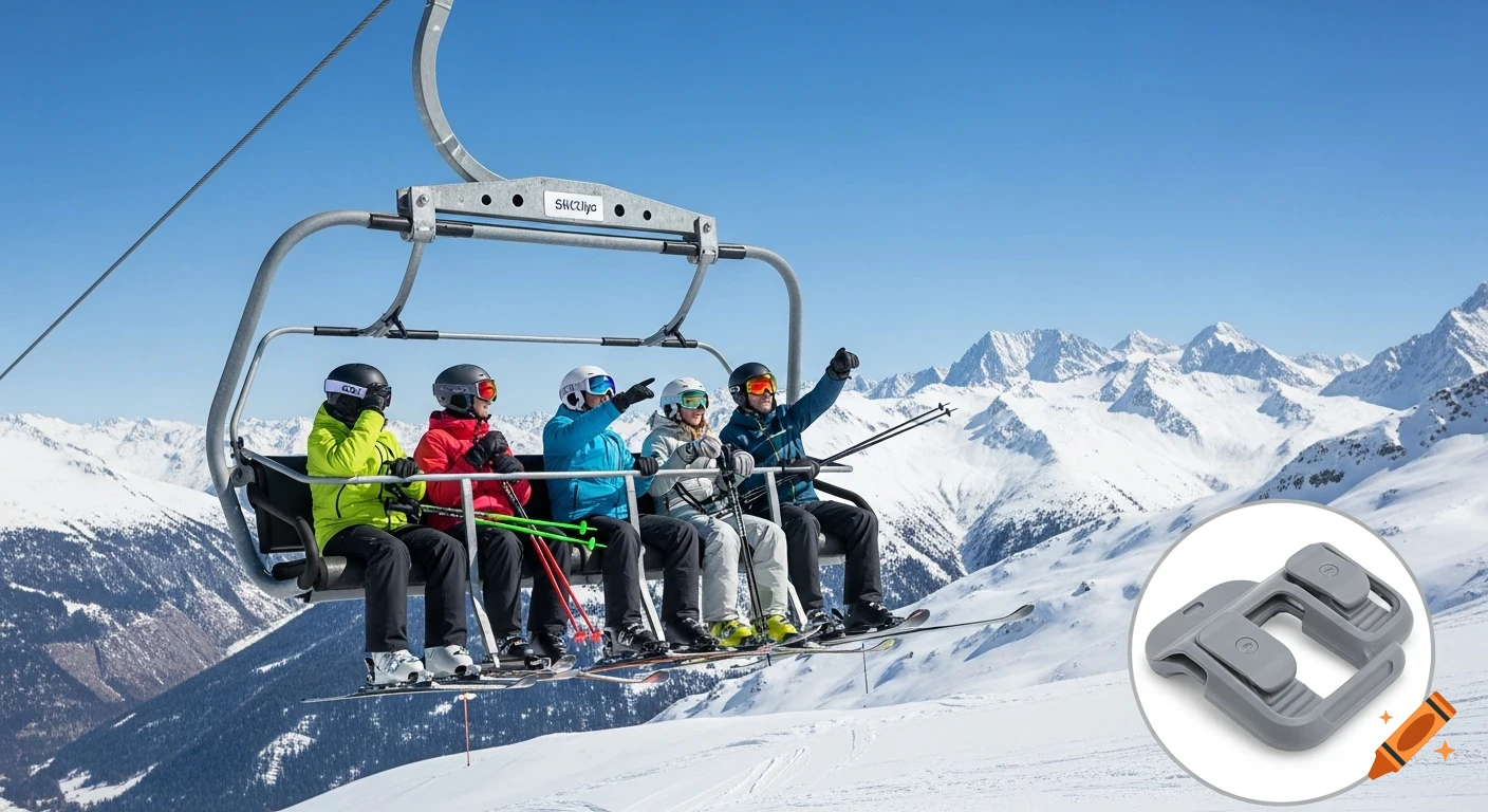 Five skiers on a chairlift ascend a snowy mountain under a clear blue sky, with a close-up of a ski clip.