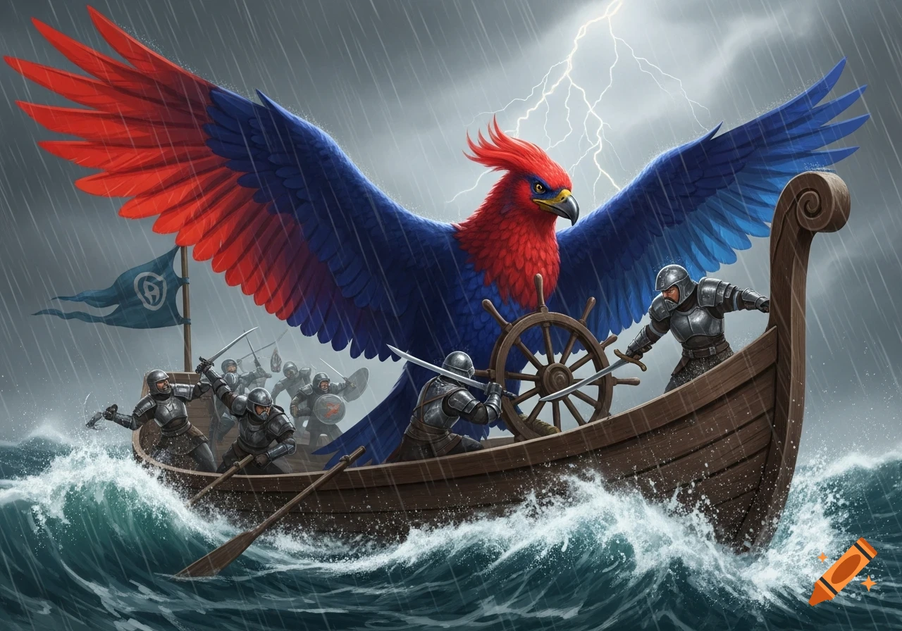 A large red and blue bird on a boat with armored knights battling rough seas and lightning.