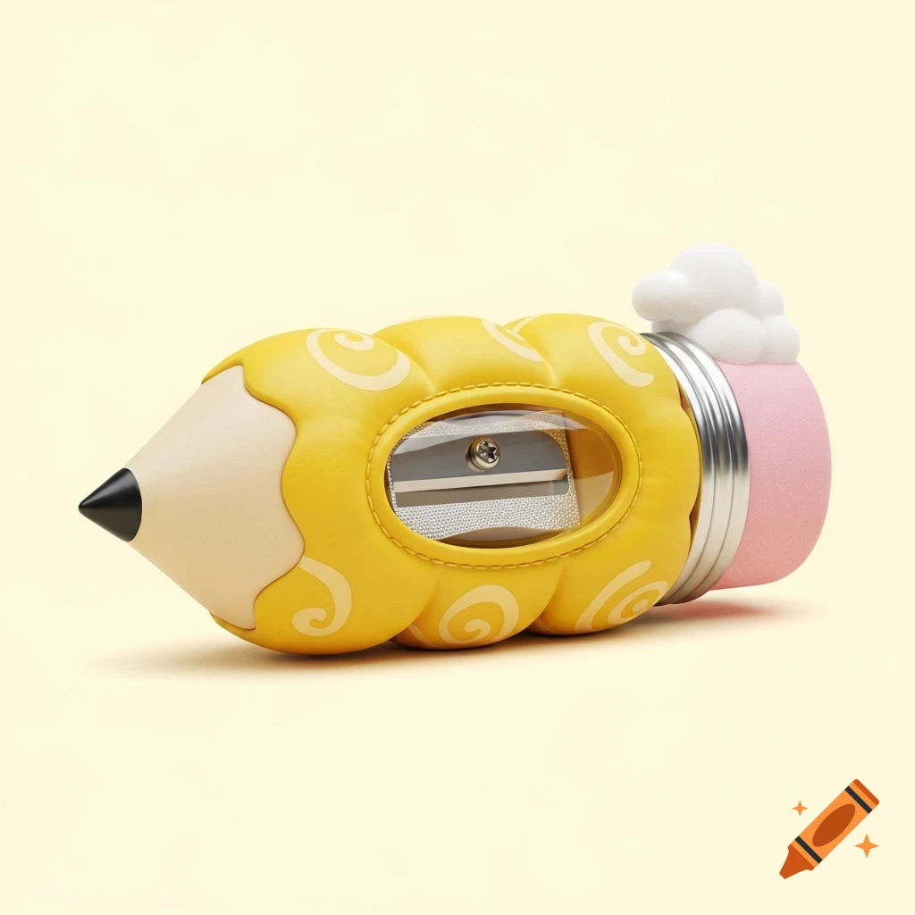 A plump, cartoonish yellow pencil sharpener with a transparent window, decorative swirls, a pink eraser, and a white fluffy top.