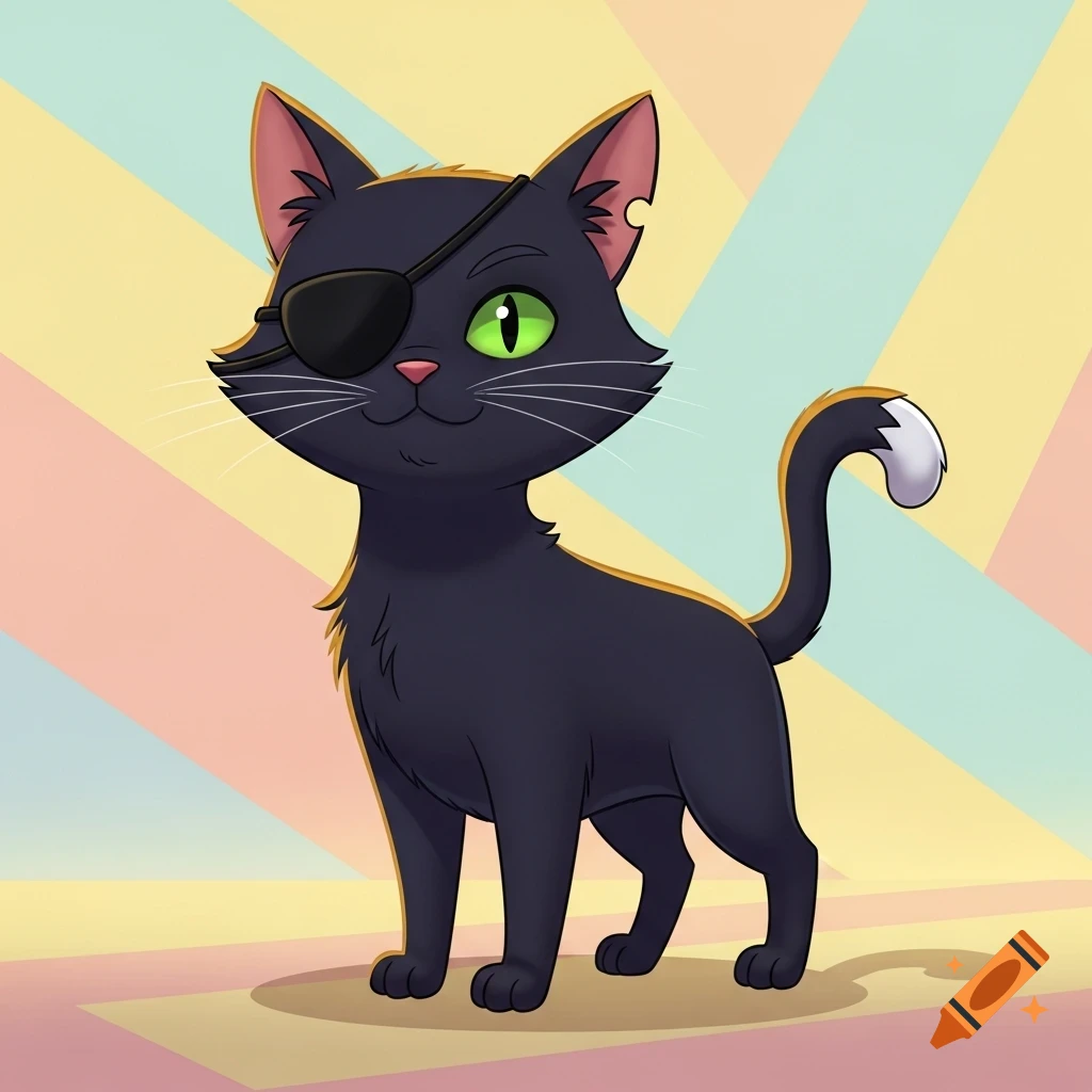 A cartoon black cat with green eyes, wearing a pirate eye-patch over its right eye, stands against a pastel striped background.