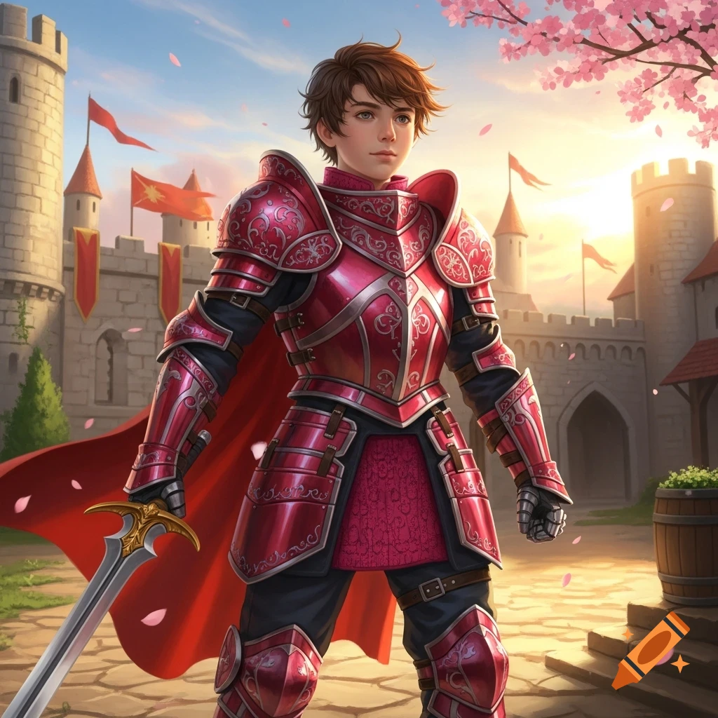 A young boy in shimmering red and pink fantasy armor holds a sword in front of a castle under a sunset sky with cherry blossoms.