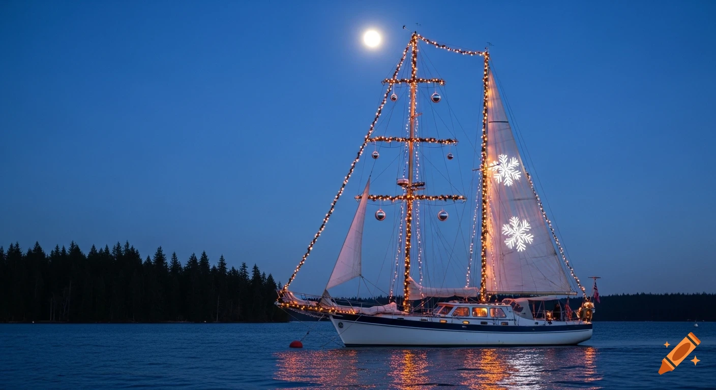 Christmas-decorated sailboat on dark water at night under a full moon, with lights reflecting and a forest shoreline.
