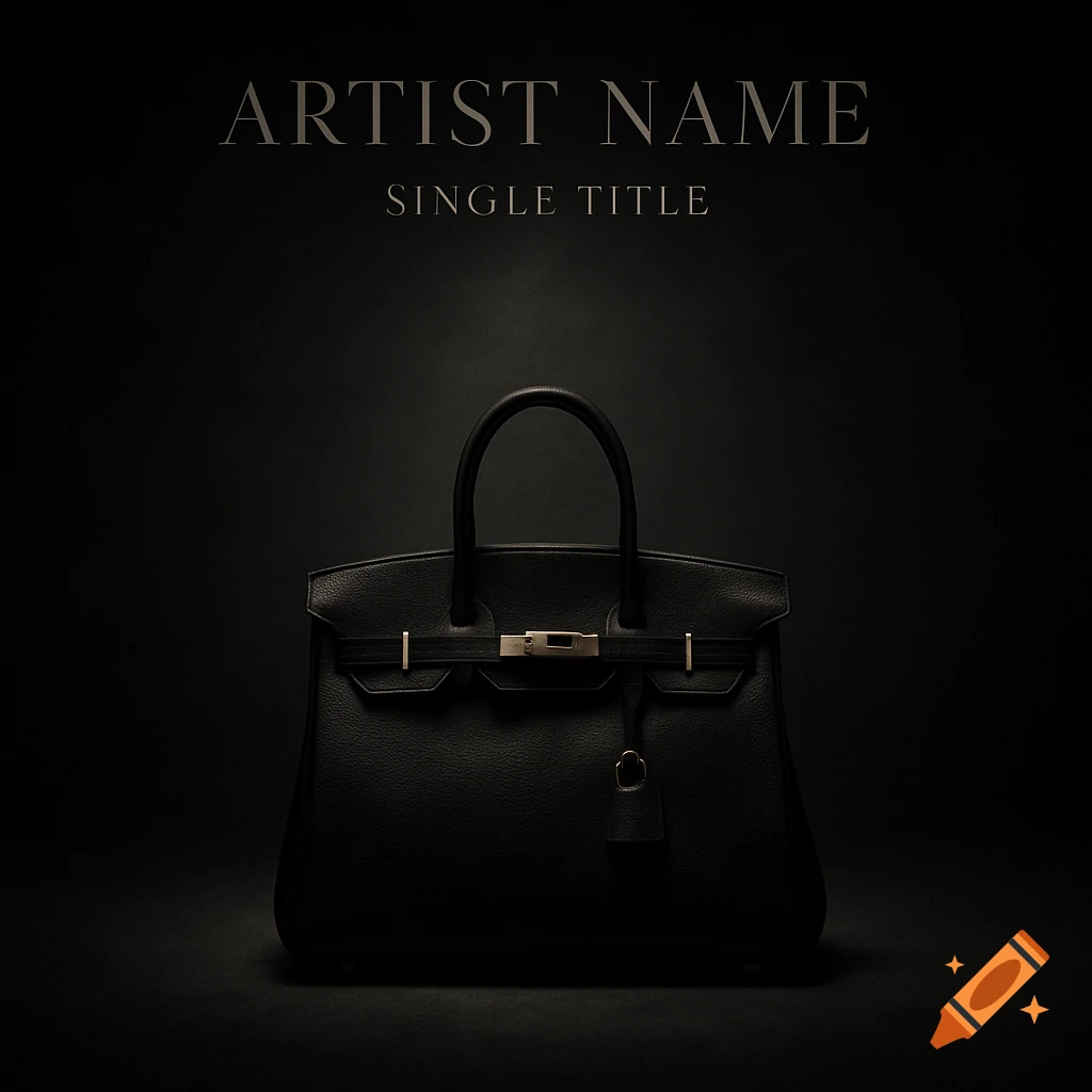 A black leather handbag with a silver clasp and handle is dramatically lit against a dark background, with placeholder text 'ARTIST NAME' and 'SINGLE TITLE' above.