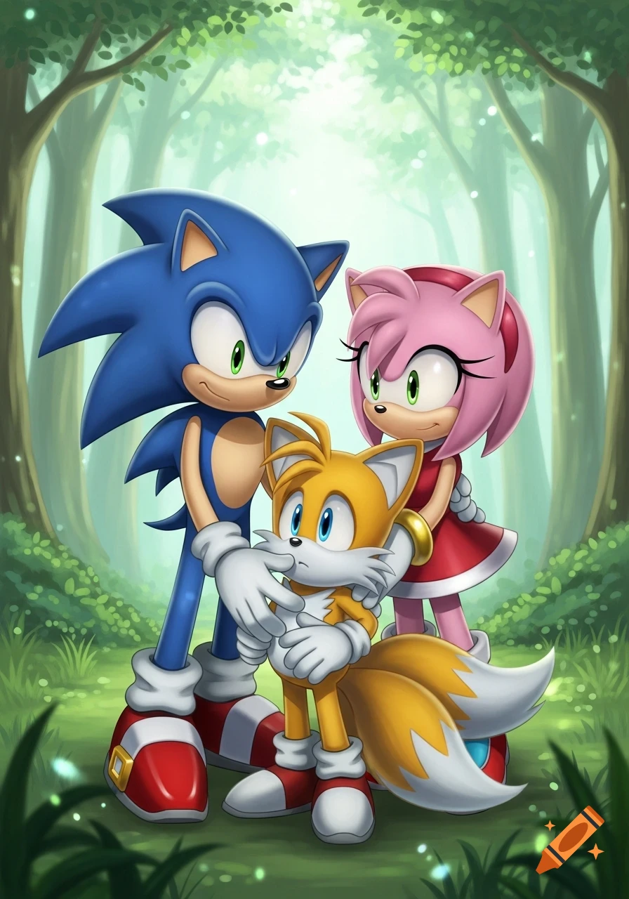 Sonic and Amy Rose comfort a worried Tails in a lush, green forest, in a stylized cartoon illustration.
