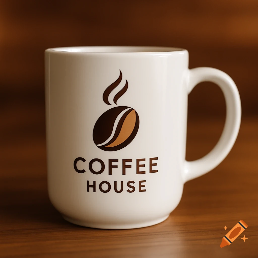 A white coffee mug with a brown coffee bean logo and the text 'COFFEE HOUSE' on a wooden surface.