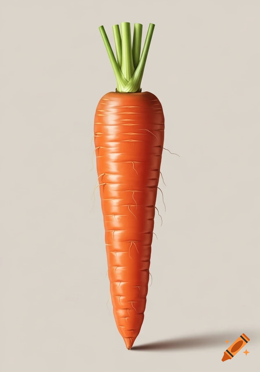 A realistic, sharply focused image of a single, straight orange carrot with green leaves and detailed texture, against a light background.