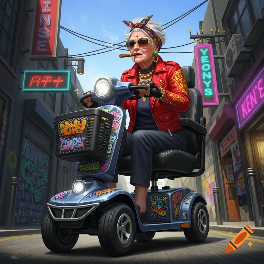 A cool elderly woman with a bandana, sunglasses, and red leather jacket smokes a cigar while riding a graffiti-covered mobility scooter down a city street with neon signs. Stylized artwork.