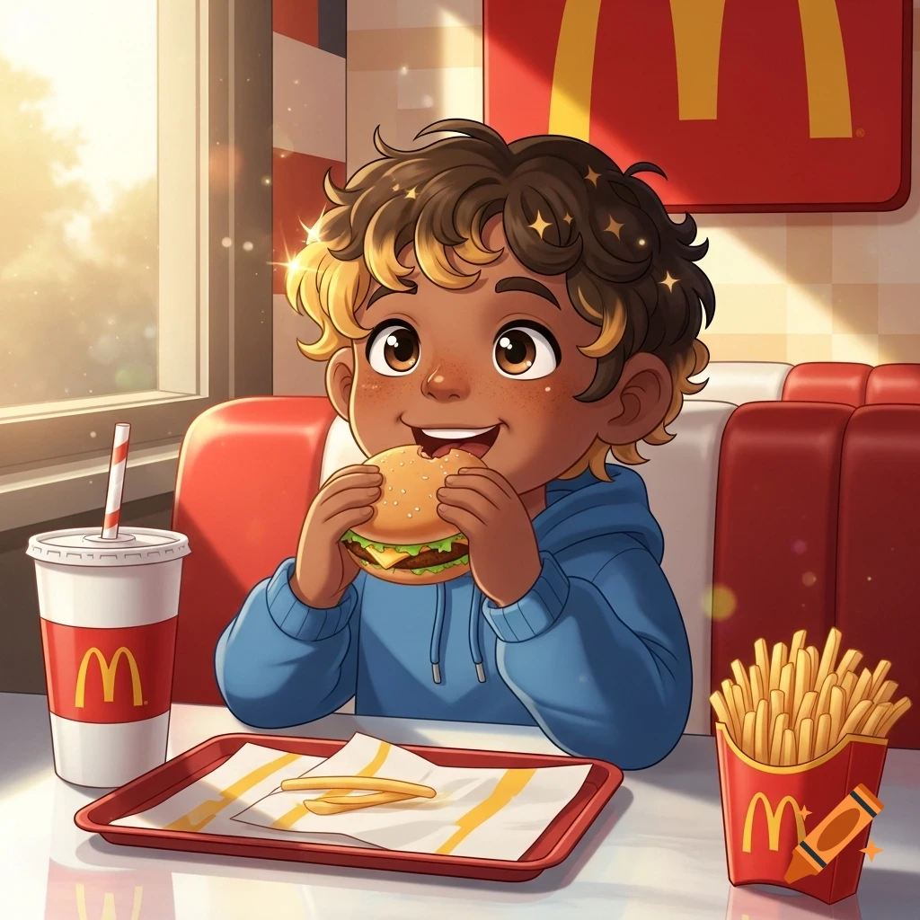 A smiling child with curly brown and blond highlighted hair eats a burger at a McDonald's, with fries and a drink on the table, in an illustration style.