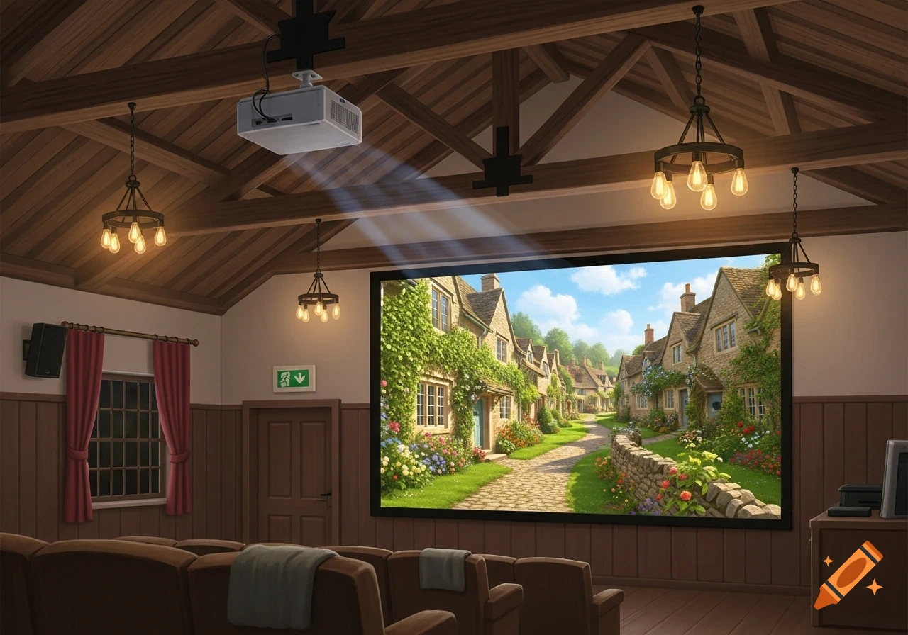 An indoor community cinema with a wooden ceiling and brown chairs, a projector displaying an idyllic English village scene on a large screen.