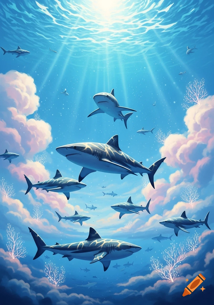 Many sharks swim in a bright, ethereal blue underwater scene with sun rays, white clouds, and glowing coral.
