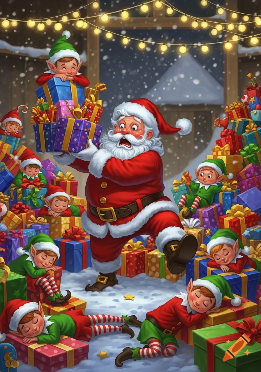 Santa Claus looks stressed carrying a large stack of gifts while many elves sleep on piles of presents in a festive, snowy Christmas scene.