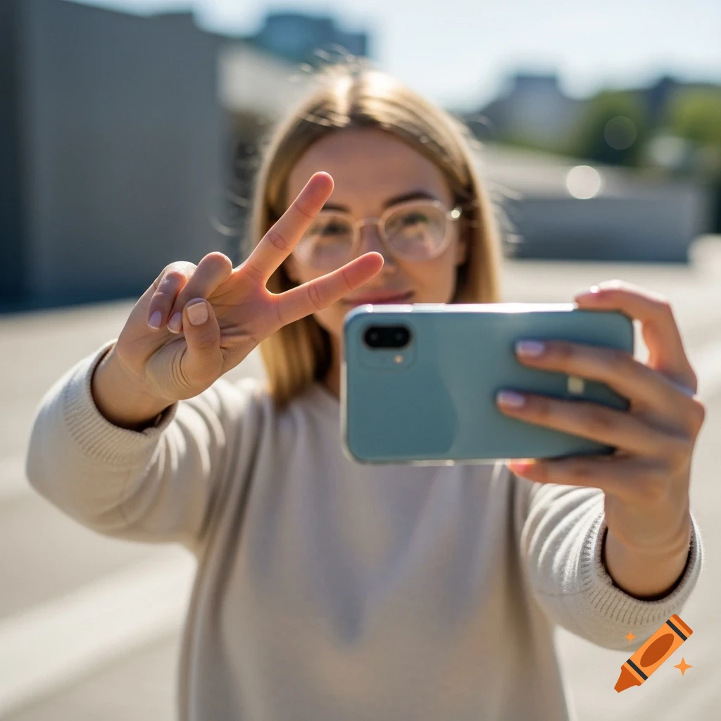 A blonde woman in glasses takes a selfie, holding a phone and making a peace sign.