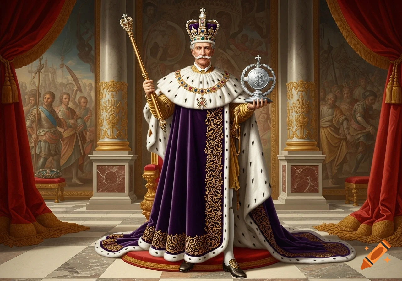 A regal monarch in a purple and ermine robe, crown, scepter, and orb stands in a grand hall, in Renaissance painting style.