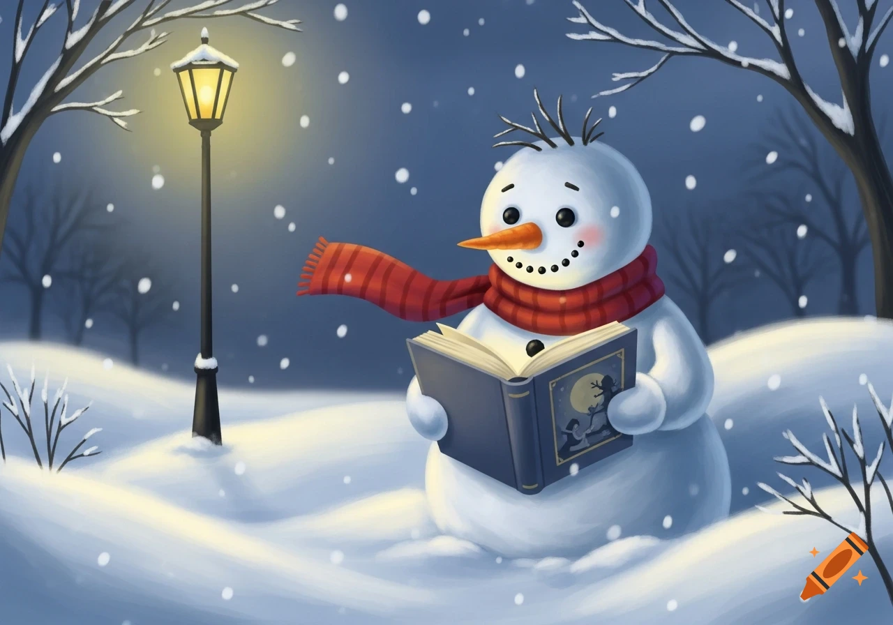A friendly cartoon snowman wearing a red scarf sits in a snowy landscape, reading a book by the light of a lamppost with falling snow.