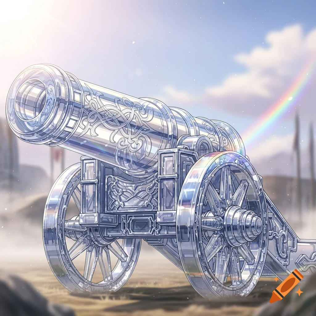 An anime-style glass cannon with intricate patterns stands on open ground under a sunny sky with a rainbow.
