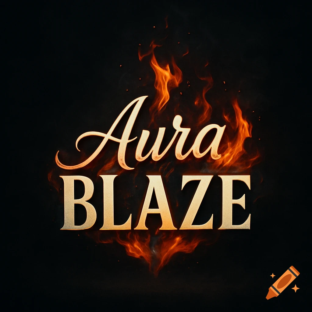 A gold and bronze logo for "Aura BLAZE" with elegant script and bold serif fonts, engulfed in realistic orange and yellow flames against a dark background.