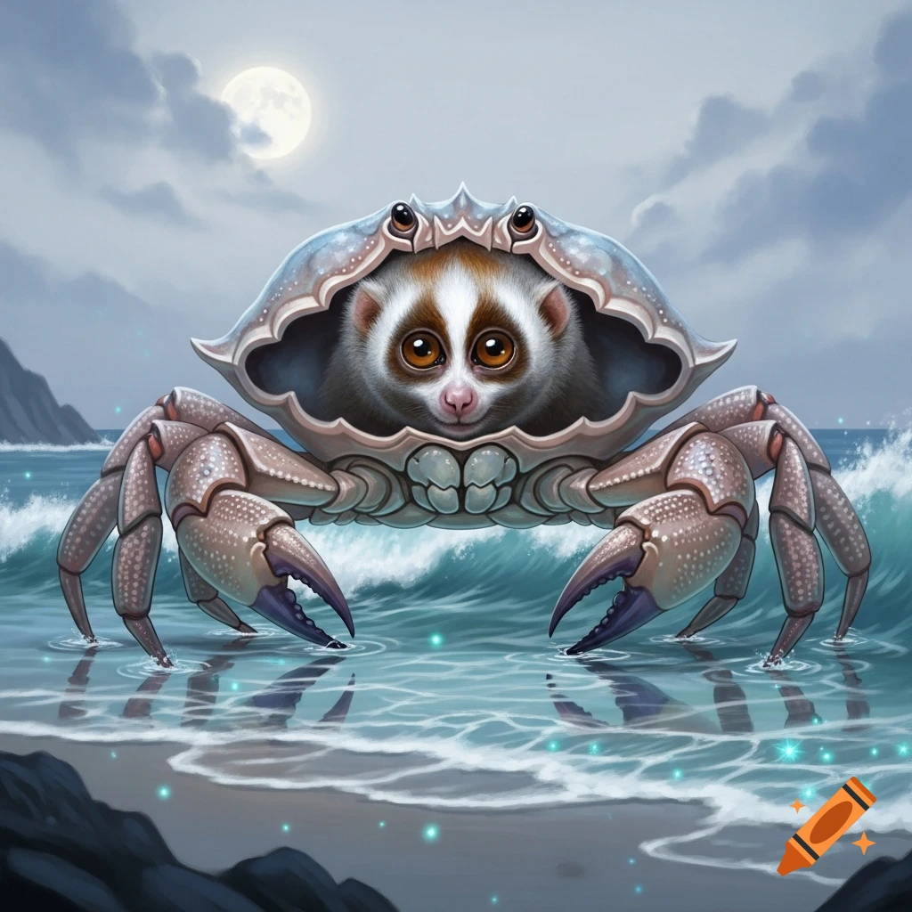 A whimsical fusion creature, half slow loris, half crab, stands in the ocean under a full moon at night, in a detailed, illustrative style.