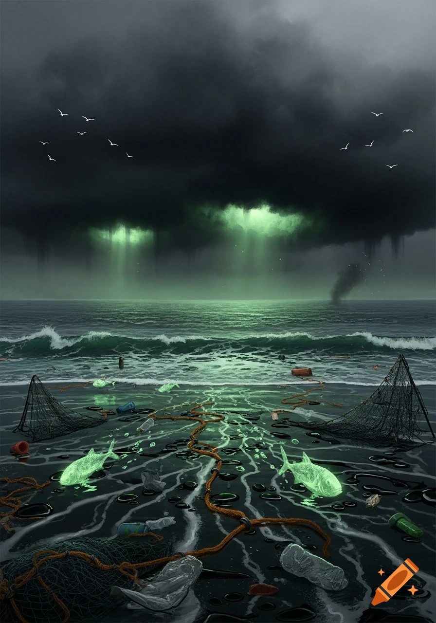A dark, stormy beach covered in oil, plastic trash, and fishing nets. Glowing green liquid and dead fish litter the shore under ominous, green-lit clouds.