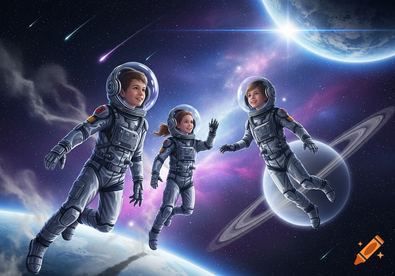 Three children in astronaut suits float in space, with planets and nebulae in the background.