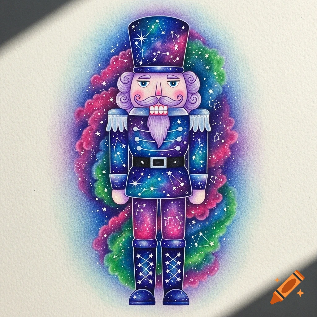 A vibrant colored pencil illustration of a nutcracker doll, patterned with a galaxy of stars and nebulae in purple, blue, pink, and green hues.