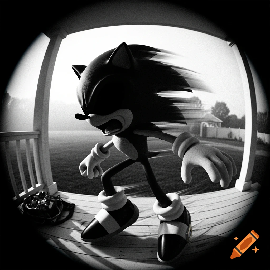 Black and white, fisheye view of a gaunt, screaming Sonic the Hedgehog running on a wooden porch with speed blur.