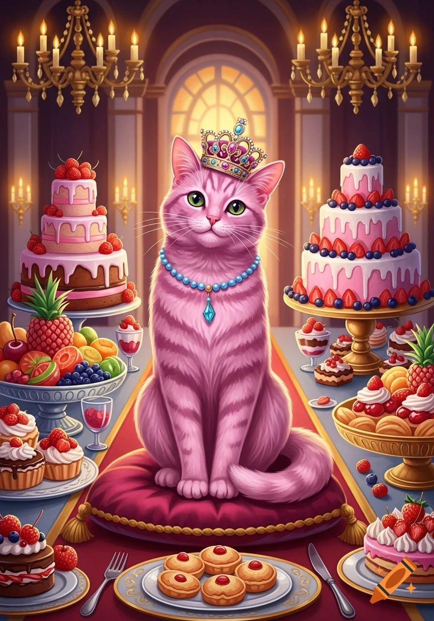 A regal pink cat with a crown and blue necklace sits on a cushion in a grand hall, surrounded by tiered cakes, fruits, and pastries.